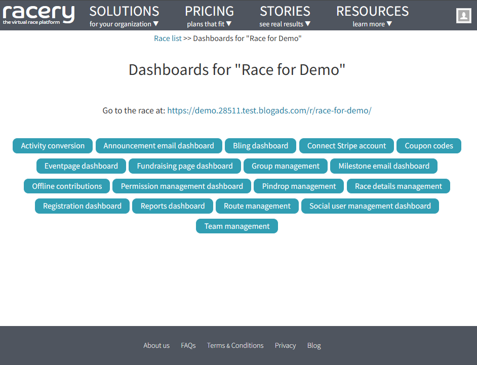 Race dashboard overview showing all dashboard tiles