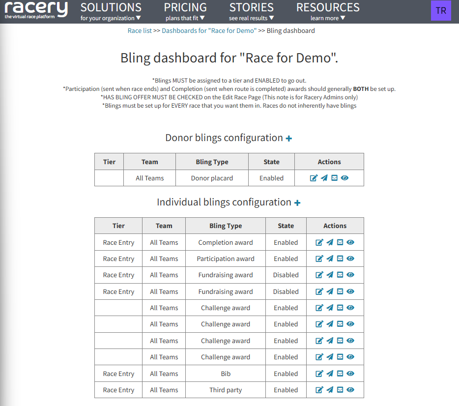 Bling dashboard showing donor and individual blings tables