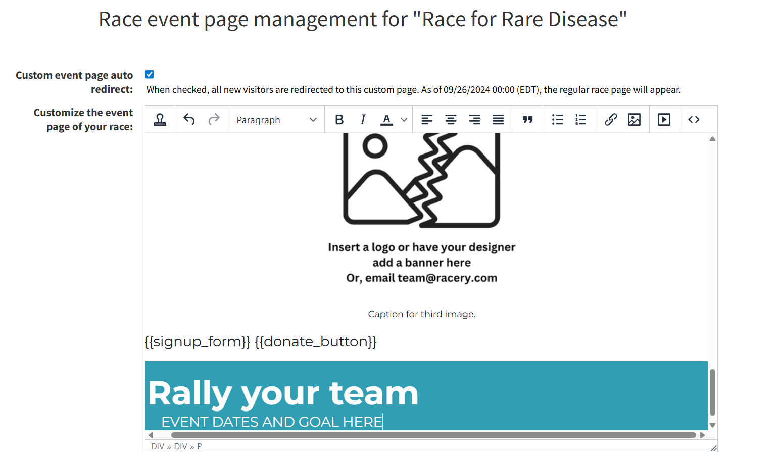 Eventpage WYSIWYG editor showing logo placeholder, template sections, and formatting toolbar