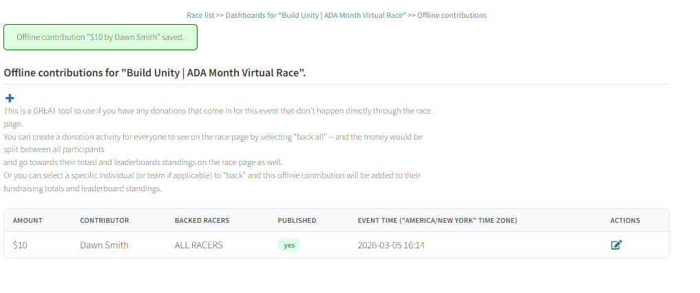 Offline contributions dashboard showing instructions and existing contribution table