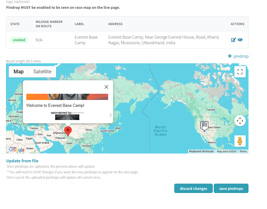 Map showing a pindrop popup with image, label, and sponsor logo for Everest Base Camp
